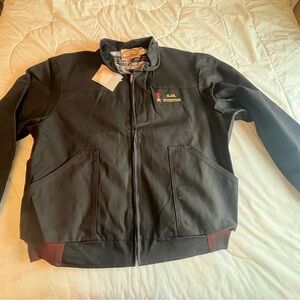 PELLA brand Black Bomber Jacket lined with Red flannel Accents.  Mens.